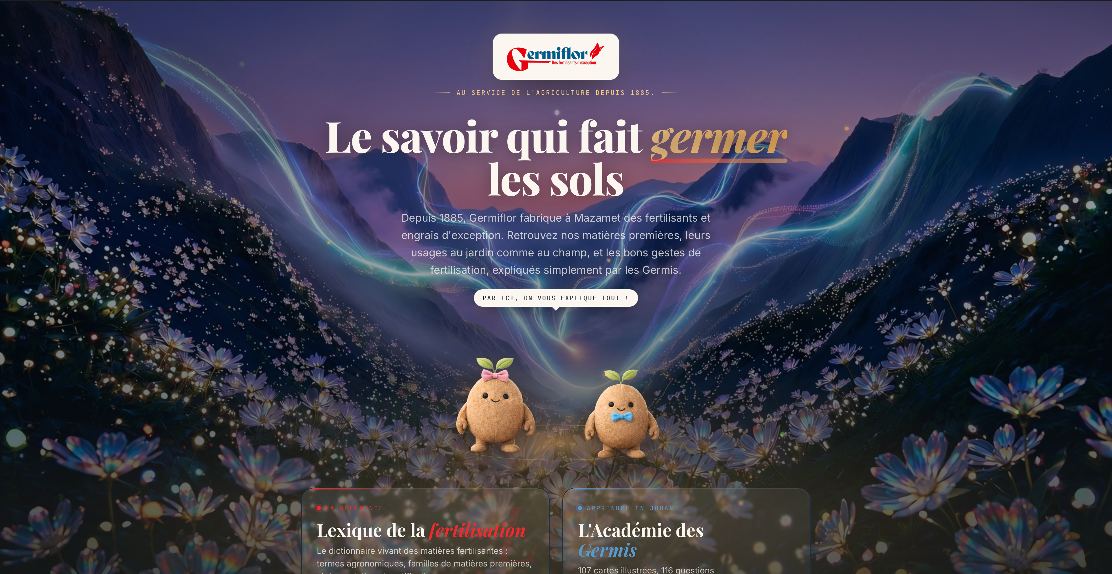Illustration du Lexique de la fertilisation et de l’Académie des Germis : Germi et Germinette entourés des notions clés du sol