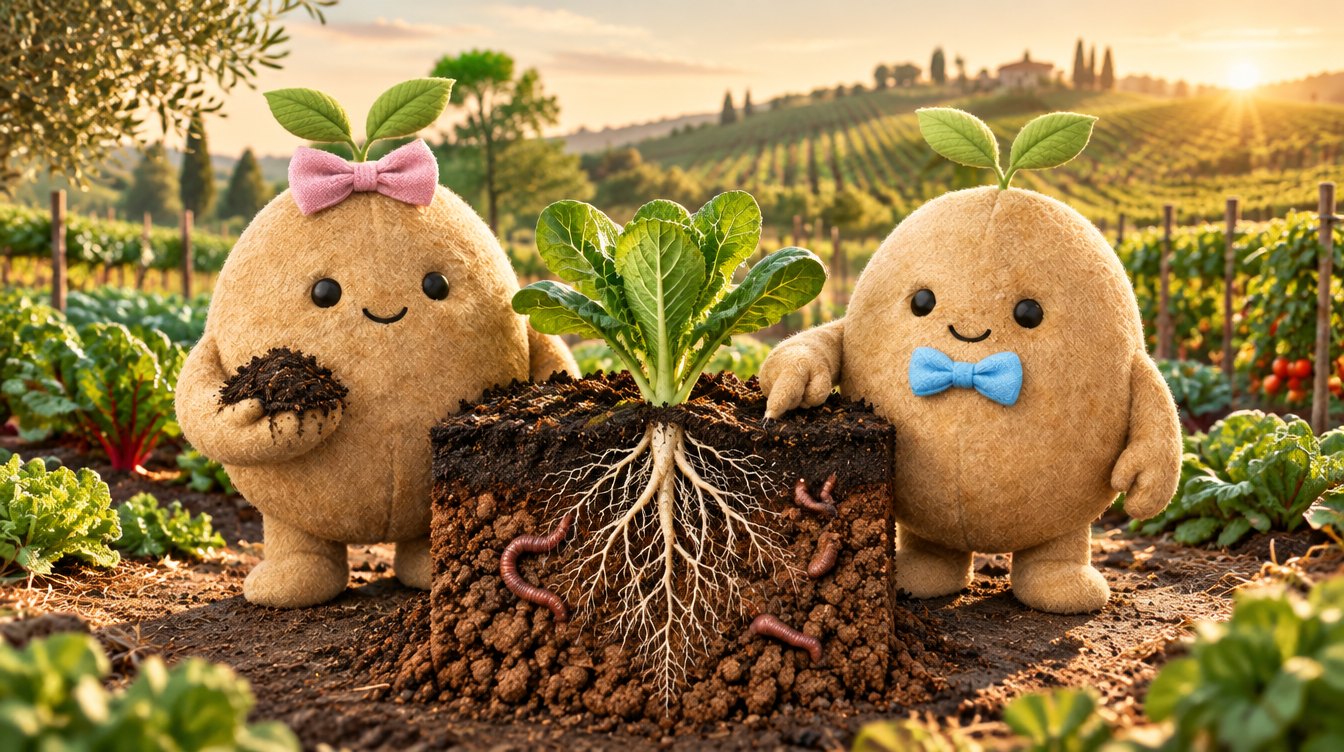 Les Germis devant une coupe de sol montrant l’humus, les vers de terre et les racines d’une jeune plante, au bord d’un champ cultivé