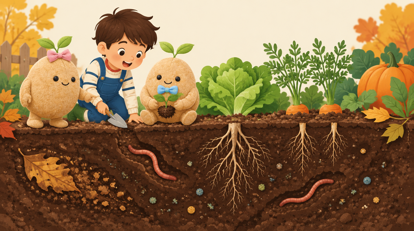 Expliquer le sol aux enfants : Germi et Germinette montrent à un enfant la vie sous le potager, racines et vers de terre