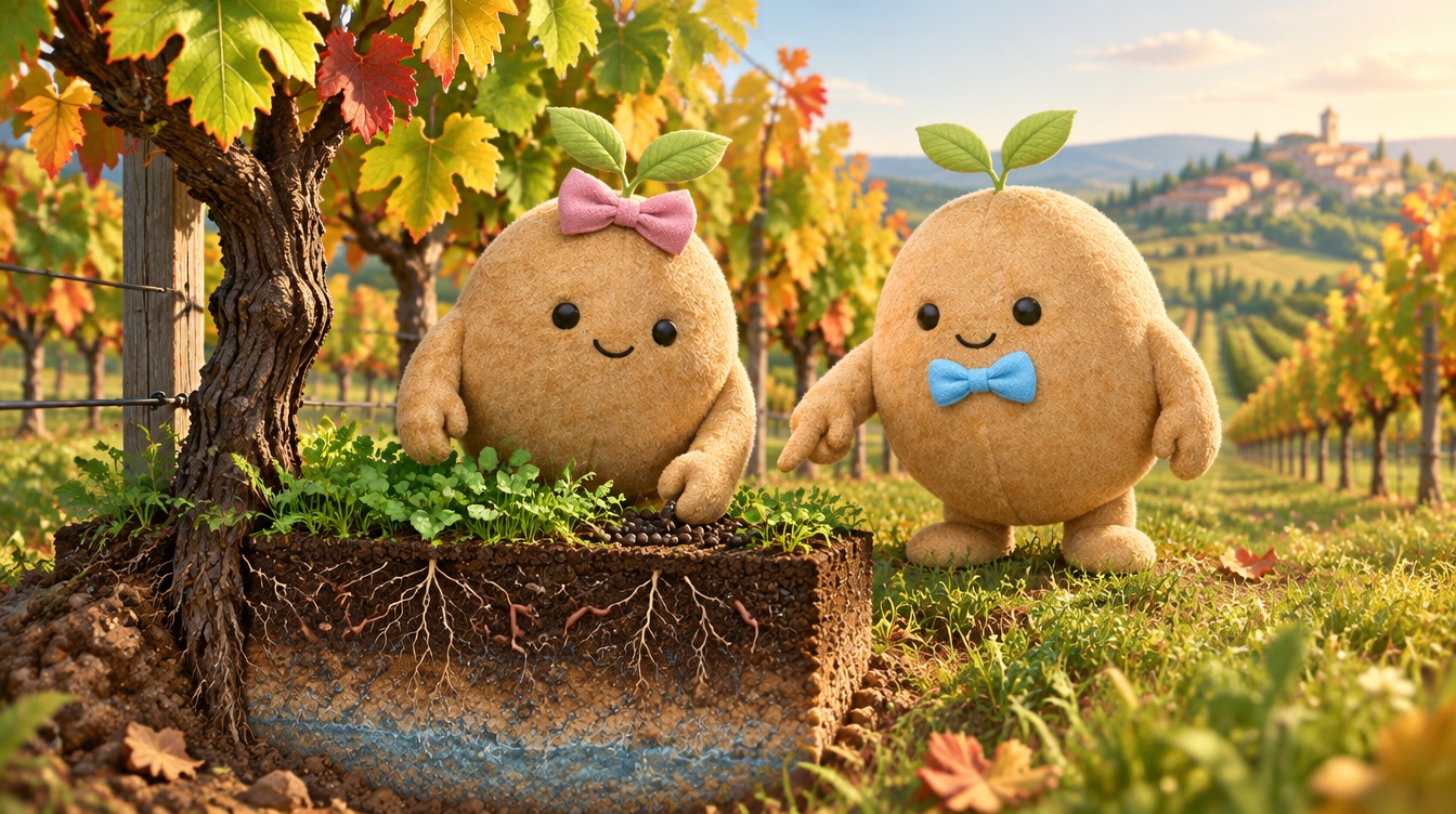 Les Germis dans une parcelle de vigne après les vendanges, feuilles encore vertes, devant une coupe de sol montrant l’amendement organique en surface et les racines de la vigne