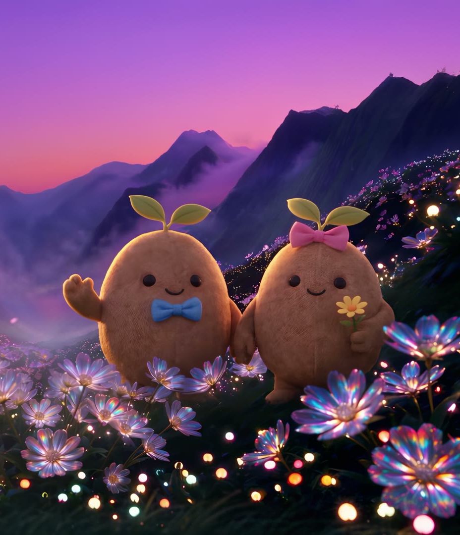 Germi et Germinette dans un champ de fleurs, l’univers du Lexique de la fertilisation Germiflor