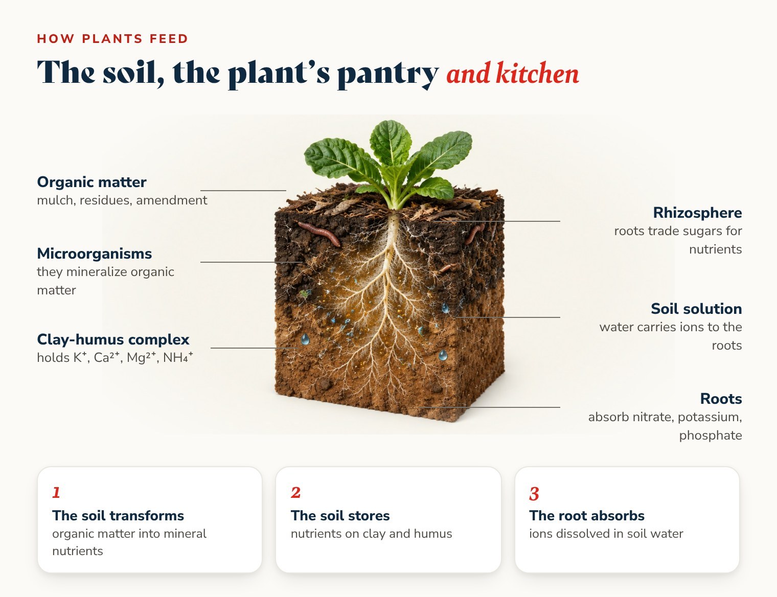 Soil cross-section: organic matter is turned by microorganisms into mineral nutrients, held by the clay-humus complex and absorbed by roots from soil water