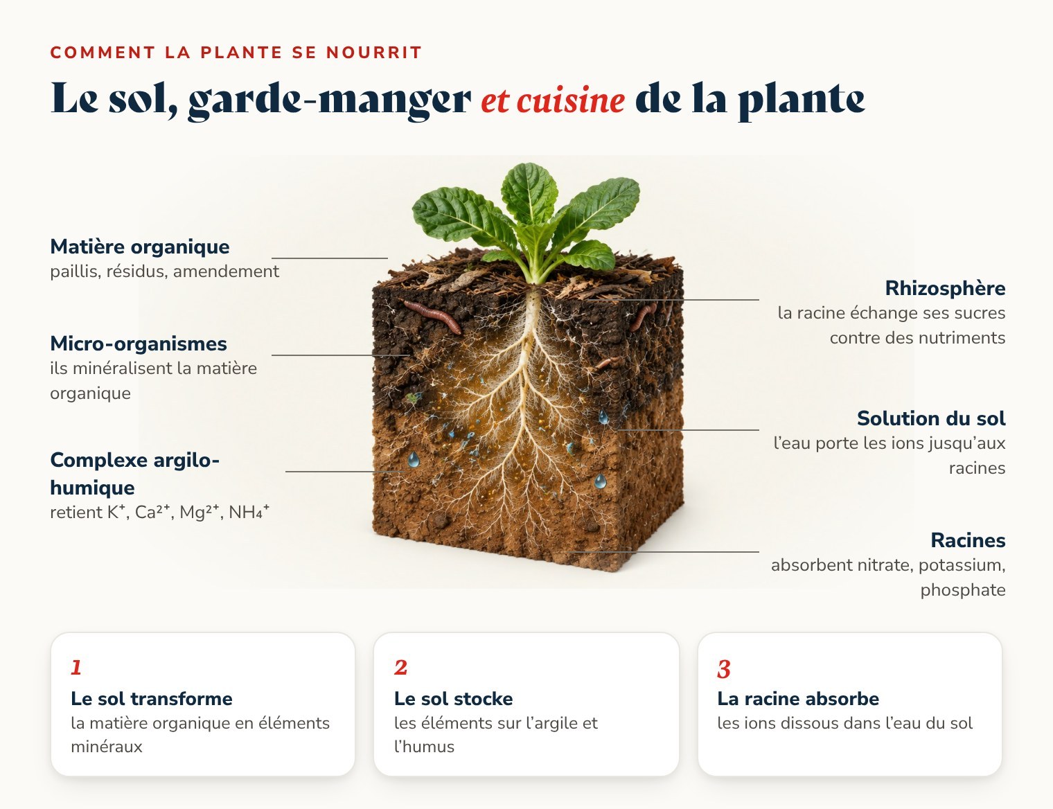 Coupe de sol : la matière organique est transformée par les micro-organismes en éléments minéraux, retenus par le complexe argilo-humique et absorbés par les racines dans l’eau du sol